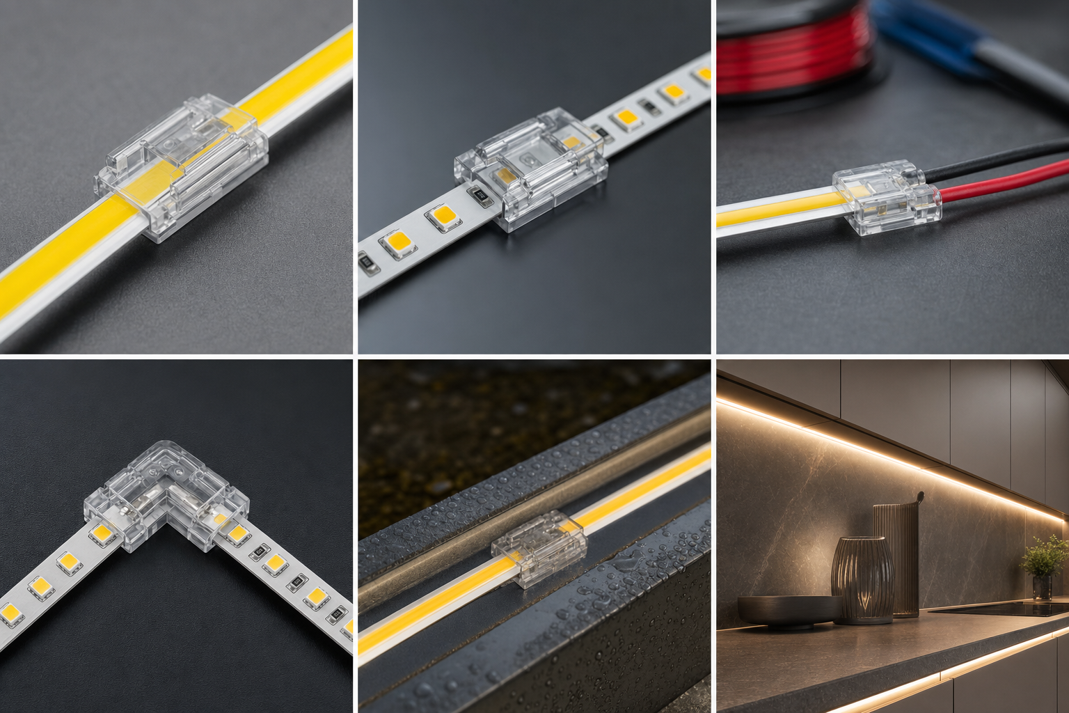 ELIX LED strip connector system showing COB, SMD and connection routes