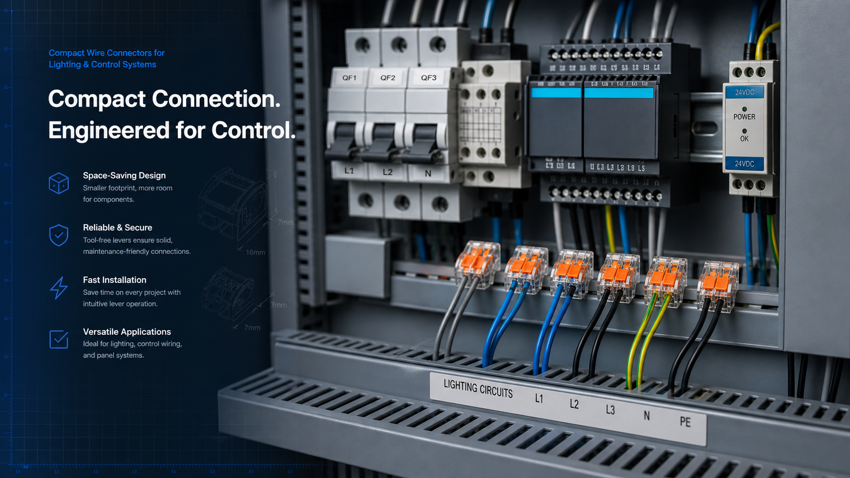 Compact wire connectors used in lighting and control systems